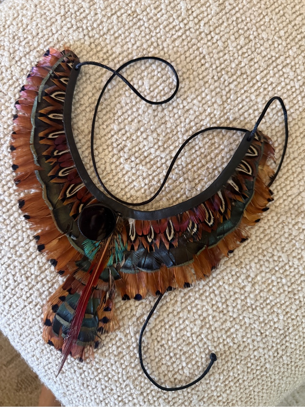 New pheasant bob collar one of a kind Boho onyx and Feather Statement Necklace